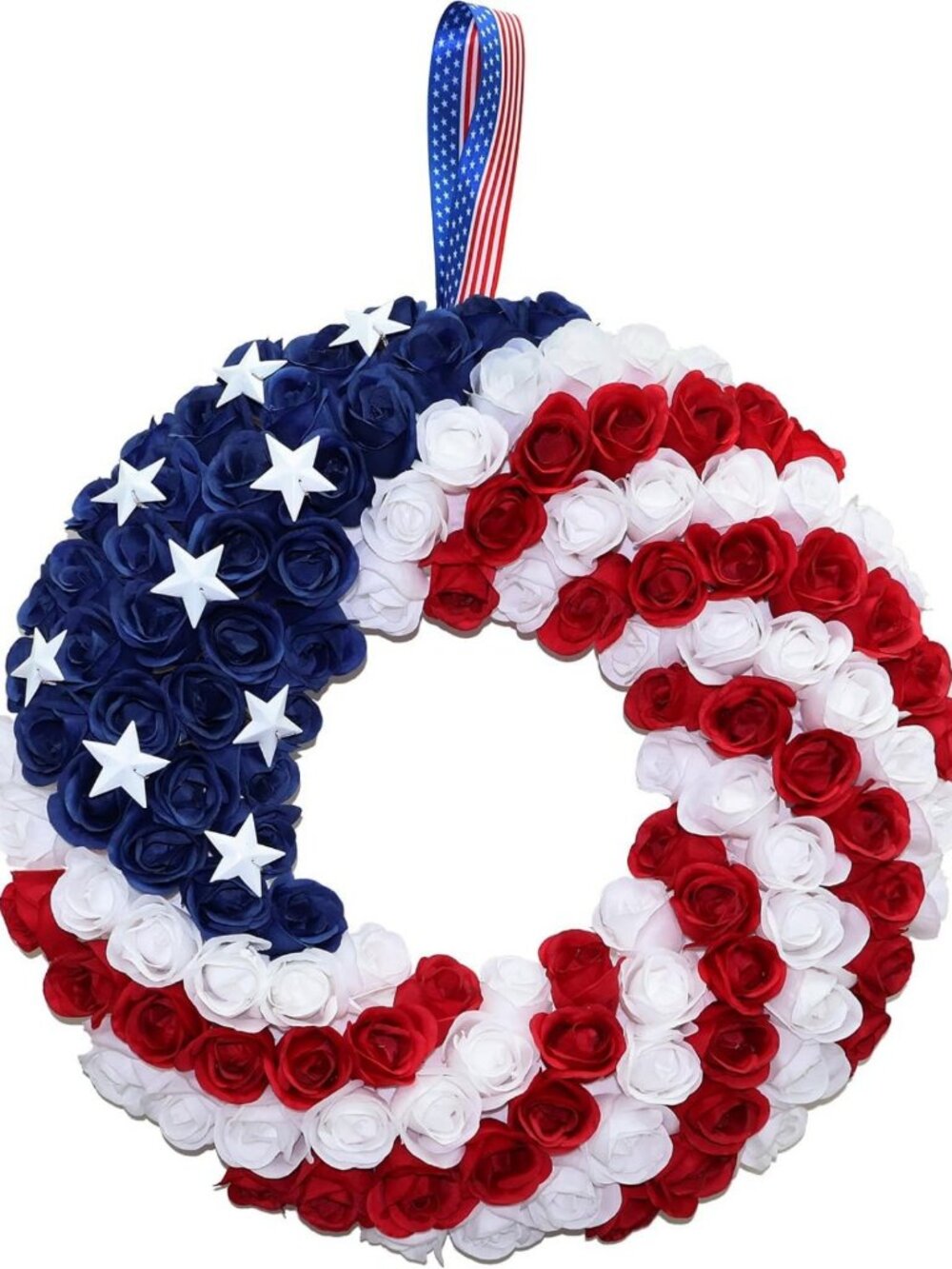Patriotic Silk Roses Wreath - Red White Blue 4th of July Decor for Door & Wall